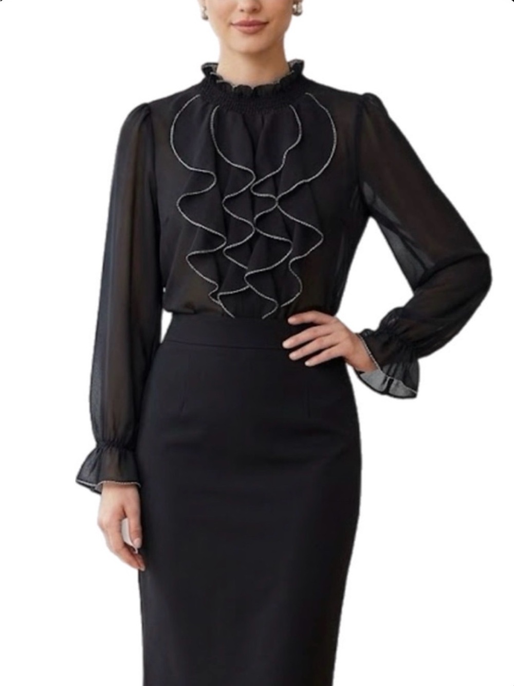 M Women’s Sheer Ruffle Formal Blouse Chiffon Ruffle Front Black Business Casual